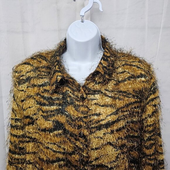 Vintage CDW Blouse Brown Tiger Stripe Eyelash Retro Grunge Sheer Retro XL - Picture 2 of 11